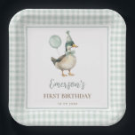 Retro Green One Lucky Duck Balloon 1st Birthday Paper Plates<br><div class="desc">Featuring a delightful illustration of a charming duck in a bow tie and party hat,  this party paper plate is framed by a soft pastel green gingham border for a whimsical and rustic look.</div>