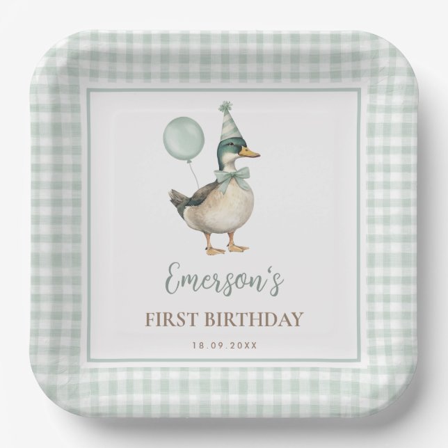Retro Green One Lucky Duck Balloon 1st Birthday Paper Plates (Front)