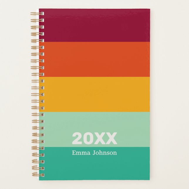 Retro Green Orange Burgundy Stripe 2026 Name Planner (Front)