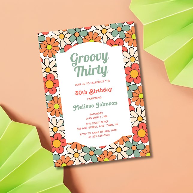 Retro Green Orange Floral Groovy 30th Birthday Invitation (Creator Uploaded)