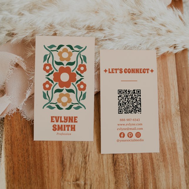 Retro Green Orange QR Code Groovy Floral Fun Boho Business Card (Creator Uploaded)
