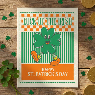 Retro Green Orange Walking Shamrock St Patrick Postcard