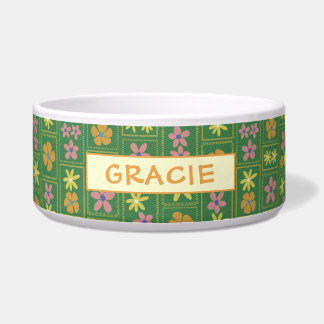Retro Green Patchwork Floral Custom Large Dog Bowl