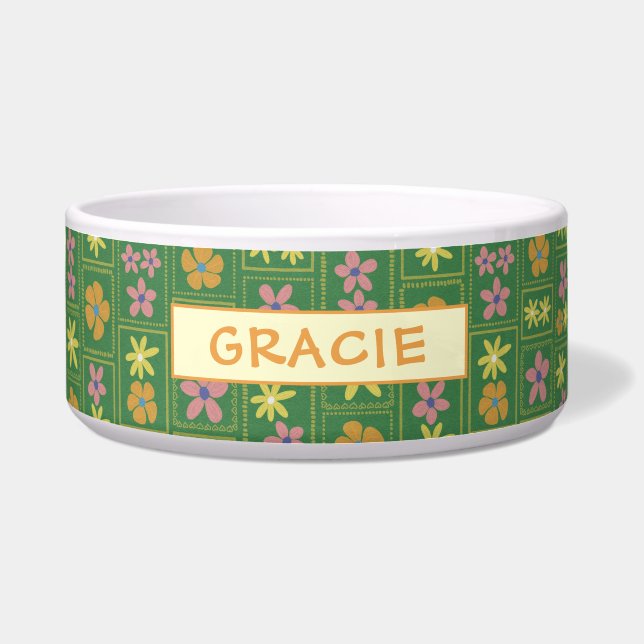 Retro Green Patchwork Floral Custom Large Dog Bowl (Front)