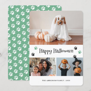 Retro Green Paw Print Pet Photo Halloween Card