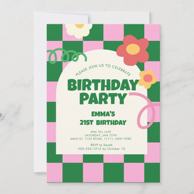 Retro Green Pink Checker 21st Birthday Party Invitation (Front)
