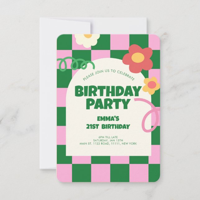 Retro Green Pink Checker Pattern Birthday Party Invitation (Front)