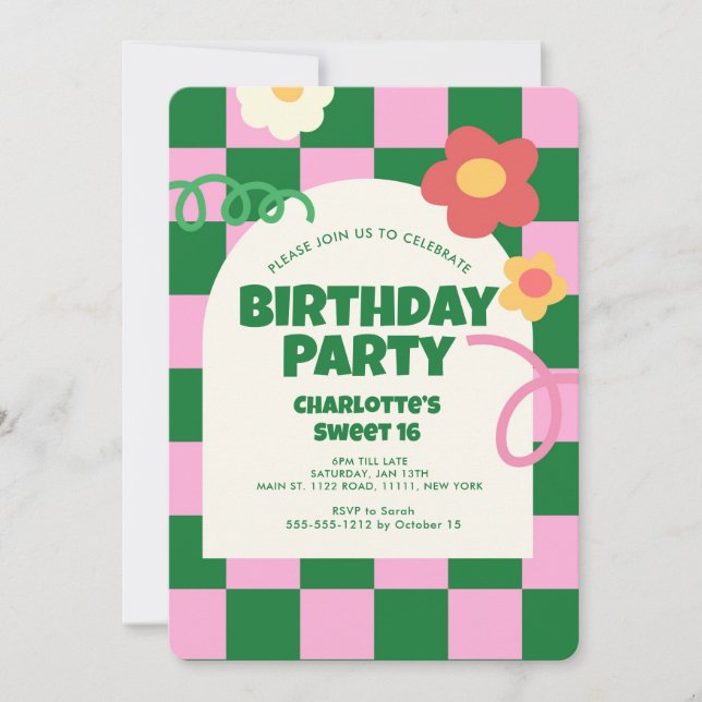 Retro Green Pink Checker Sweet 16 Birthday Party Invitation (Front)