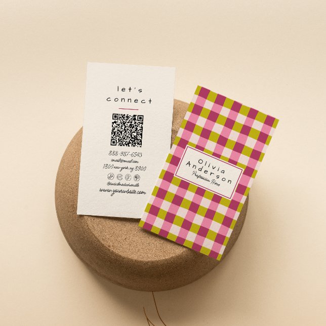Retro Green Pink Checkered Gingham Girly QR Code Business Card (Creator Uploaded)