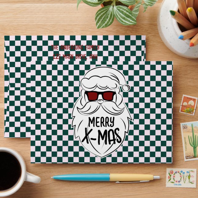Retro Green & Pink Checkered Santa Claus Christmas Envelope (Desk)