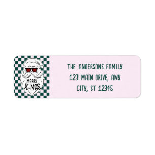 Retro Green Pink Checkered Santa Claus Christmas Label