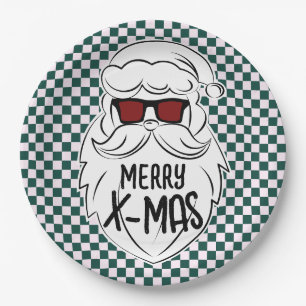 Retro Green Pink Checkered Santa Claus Christmas Paper Plates