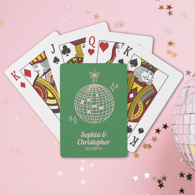 Retro Green & Pink Disco Ball Wedding Personalized Poker Cards (Retro Green & Pink Disco Ball Wedding Personalized Playing Cards
)