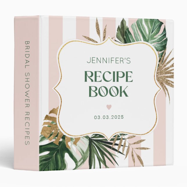 Retro green pink stripes bridal shower recipe book 3 ring binder (Front/Spine)