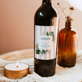 Retro green pink stripes tropical chic bridal wine label