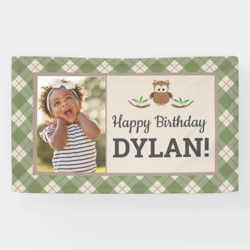 Retro Green Plaid Cute Owl Photo Birthday Banner