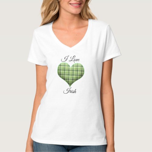 Retro green plaid heart St Patrick I love Irish  T_Shirt