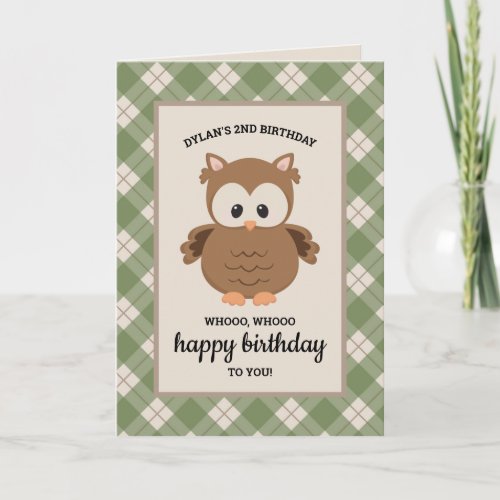Retro Green Plaid Owl Birthday Card