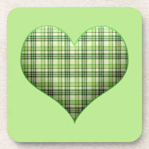 Retro green plaid puffy heart St Patrick  Beverage Coaster
