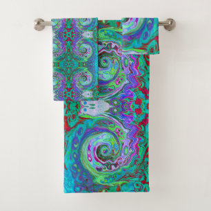 Retro Green, Red and Magenta Abstract Groovy Swirl Bath Towel Set