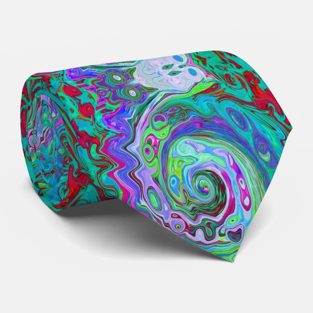 Retro Green, Red and Magenta Abstract Groovy Swirl Neck Tie (Rolled)