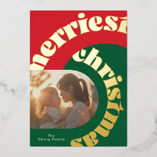 retro green red bold christmas two photo flat foil holiday card