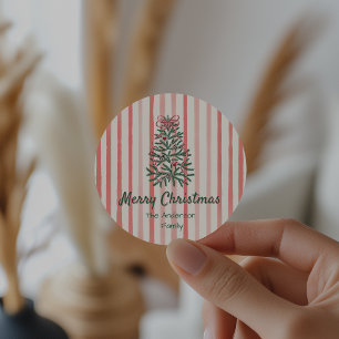 Retro Green Red Hand Drawn Ribbons Tree Christmas Classic Round Sticker