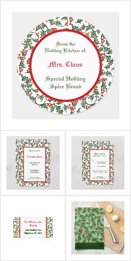 Retro Green Red Holly Holiday Patterns