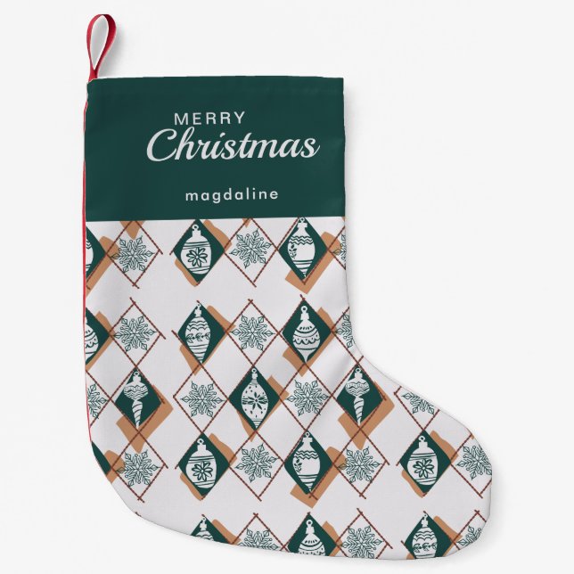 Retro Green Red Merry Christmas Botanical Small Christmas Stocking (Front)
