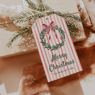 Retro Green Red Pink Drawn Bow Wreath Christmas Gift Tags