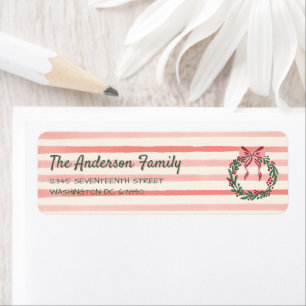 Retro Green Red Pink Drawn Bow Wreath Christmas Label