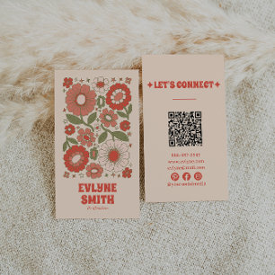 Retro Green Red QR Code Groovy Floral Funky Boho Business Card