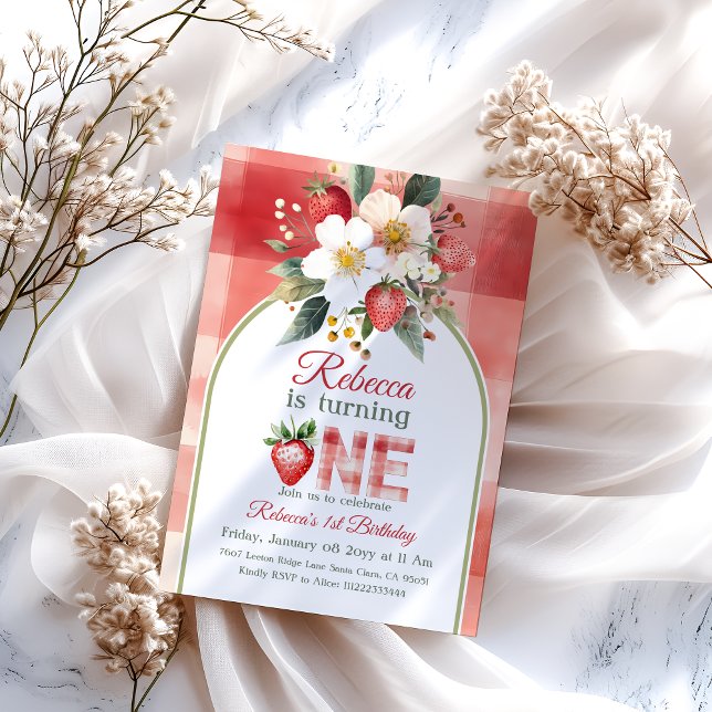 Retro Green Red Strawberry Berry First Birthday Invitation (Creator Uploaded)