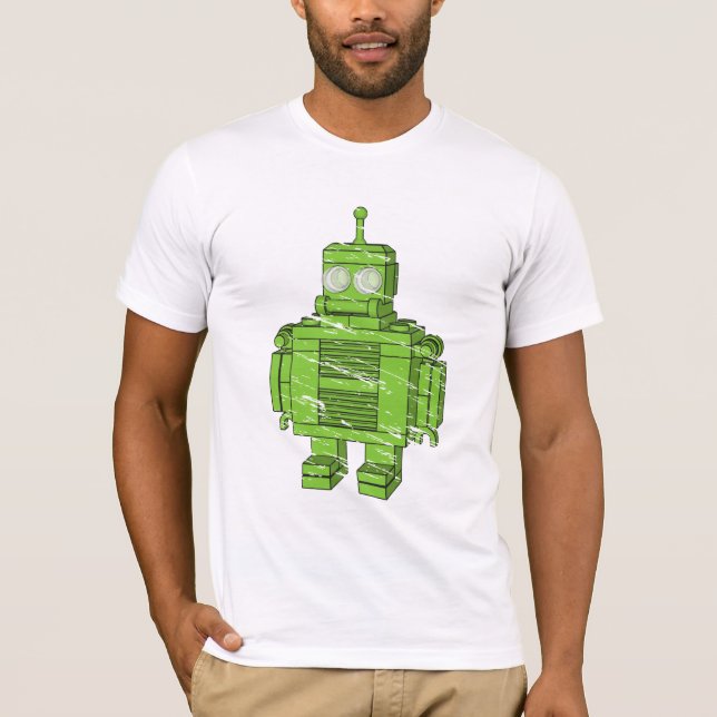 Retro Green Robot with Scratches T-Shirt (Front)