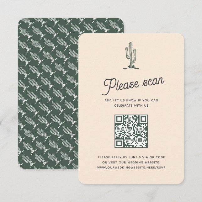 Retro Green Saguaro Cacti Desert Wedding QR Code RSVP Card (Front/Back)