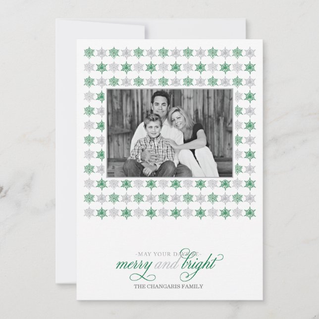 Retro Green Snowflake Holiday Photo Card (Front)