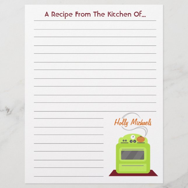 Retro Green Stove Modern Kitchen Recipe Paper (Front)