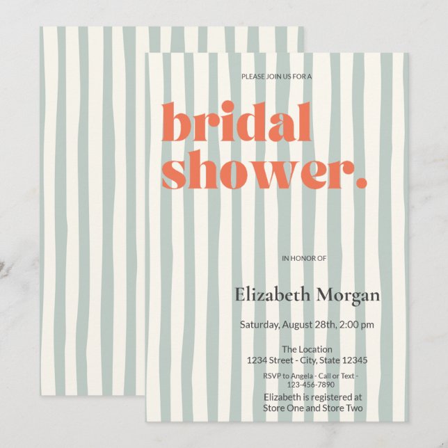 Retro Green Stripes Simple Bridal Shower Invitation (Front/Back)