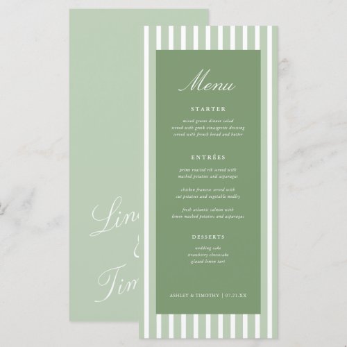 Retro Green Stripes Wedding Table Menu Cards