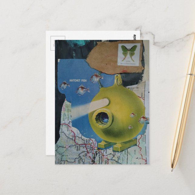Retro Green Submarine Fish and Moth Collage Postcard (Front/Back In Situ)