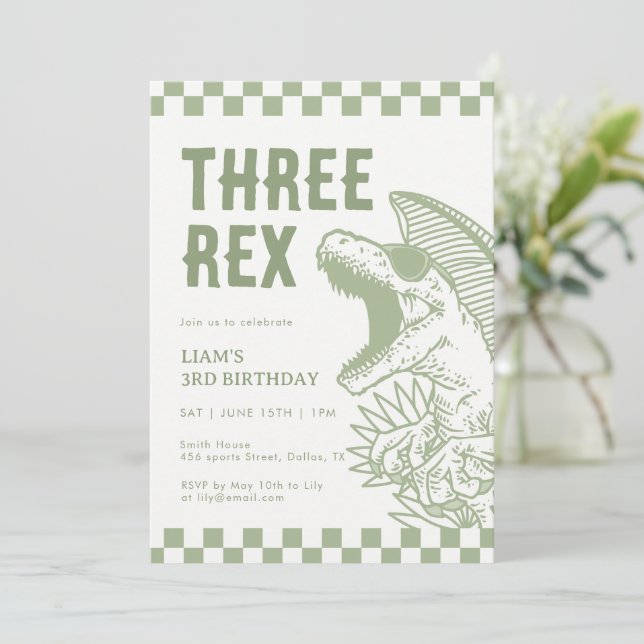 Retro Green T Rex Dinosaur Birthday Party  Invitation (Standing Front)
