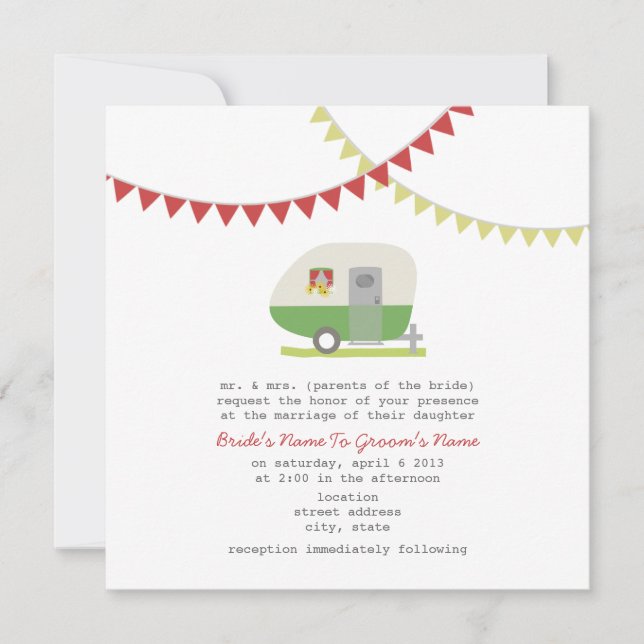 Retro Green Trailer Wedding Invite (Front)