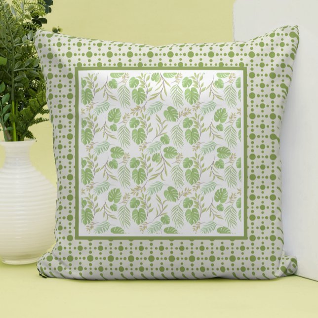Retro Green Tropical Leaves Panel Throw Pillow (Creator Uploaded)
