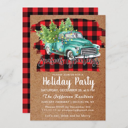Retro Green Truck Buffalo Christmas Holiday Party Invitation