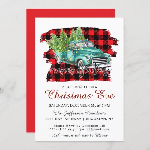 Retro Green Truck Buffalo Plaid Christmas EVE Invitation