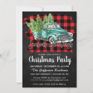 Retro Green Truck Buffalo Plaid Christmas Party Invitation
