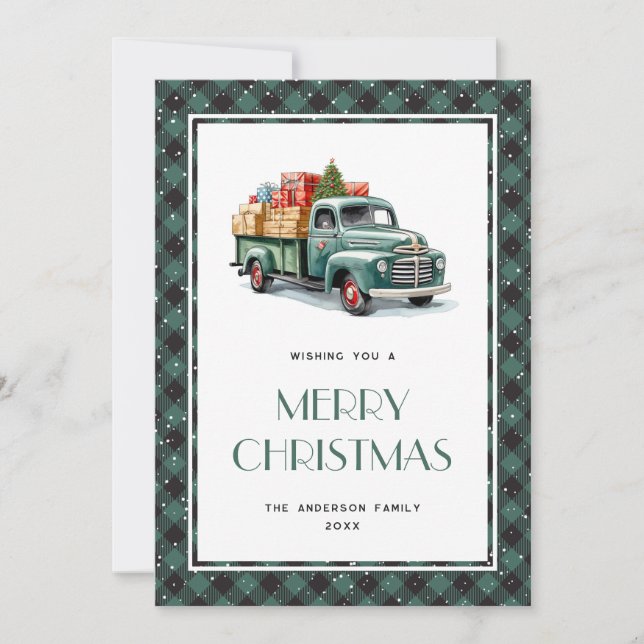 Retro Green Truck Snowy Plaid Merry Christmas Card (Front)