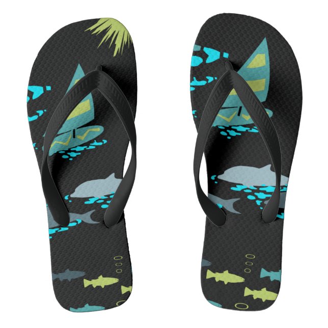 Retro Green Turquoise Black Windsurfer & Dolphins Flip Flops (Footbed)