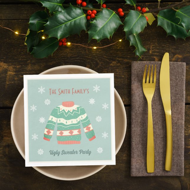 Retro Green Ugly Christmas Sweater Party Snowflake Napkins (Creator Uploaded)