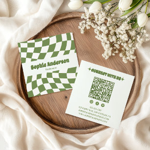 Retro Green Wavy Checkerboard with QR Code Square Business Card